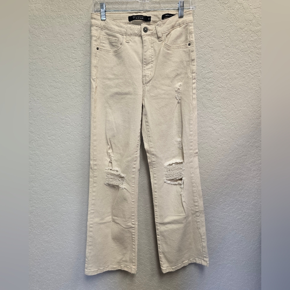Lucky & Blessed High Rise Cream Distressed No Gap Boot cut Wide Leg Jeans Size 6 - Picture 3 of 7